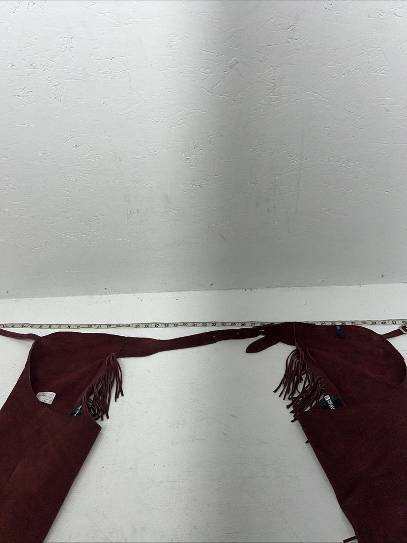 New Burgundy Congress Leather Show Chaps With Fringe Adjustable Waist 42” N-35