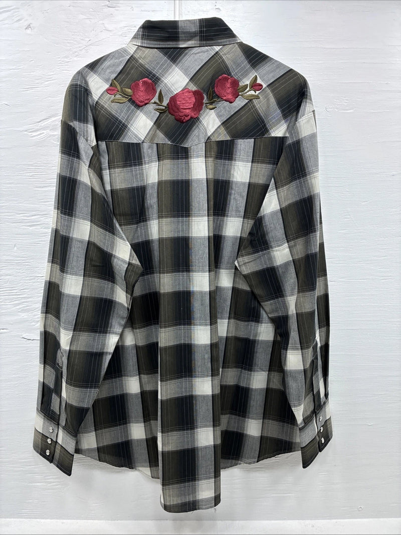 New Men’s ELY Cattleman Green Rose Design Plaid Long Sleeve Pearl Snap XL H-79