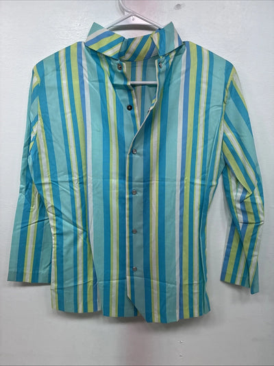 New Women’s Karman Blue Green Stripe Long Sleeve Pearl Snap Medium TT-59