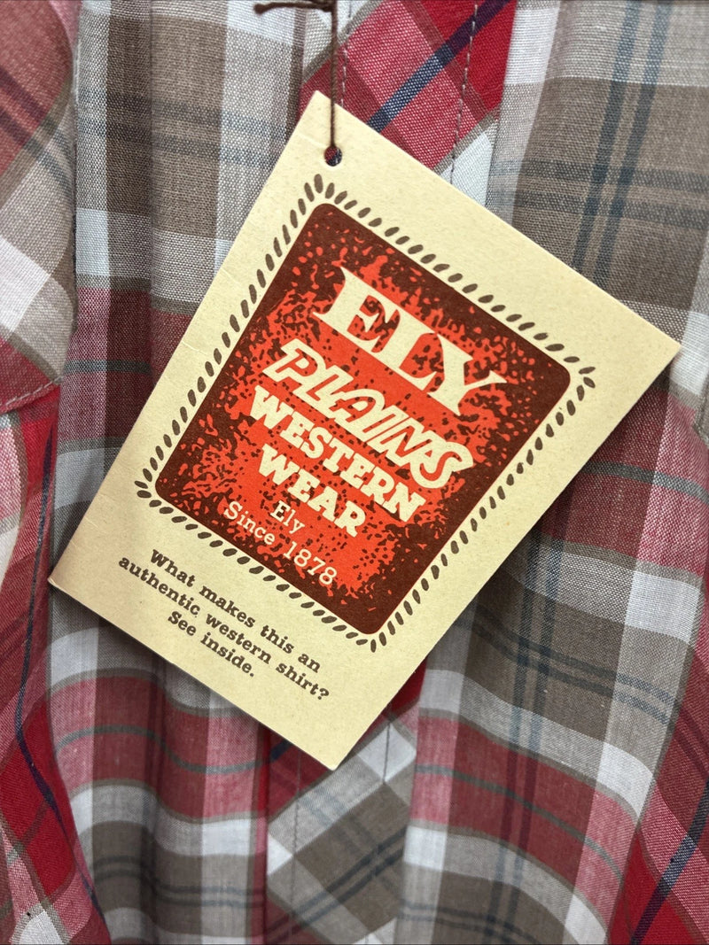 New Men’s ELY Plains Red Brown Plaid Long Sleeve Pearl Snap 16.5 Large M-66