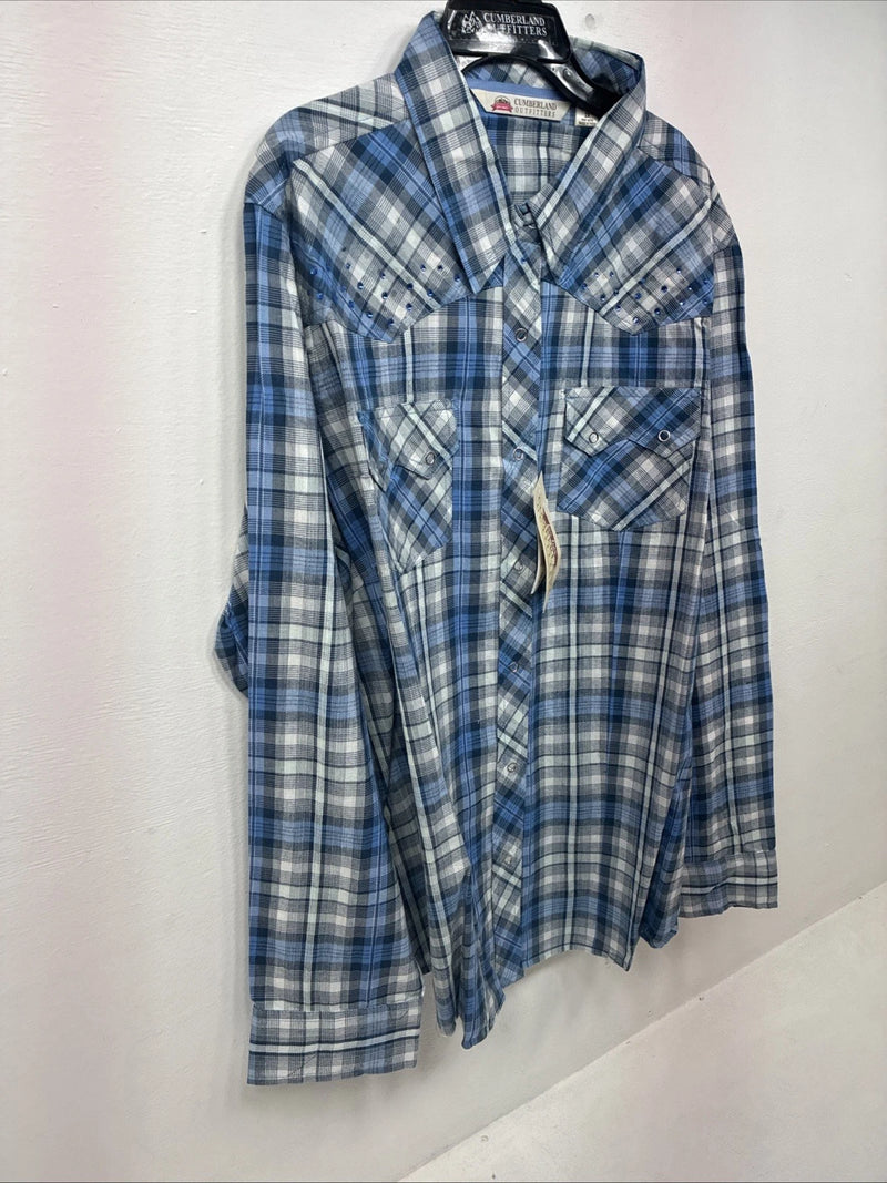 New Women Cumberland Blue Plaid Long Sleeve Pearl Snap 2XL GG-18