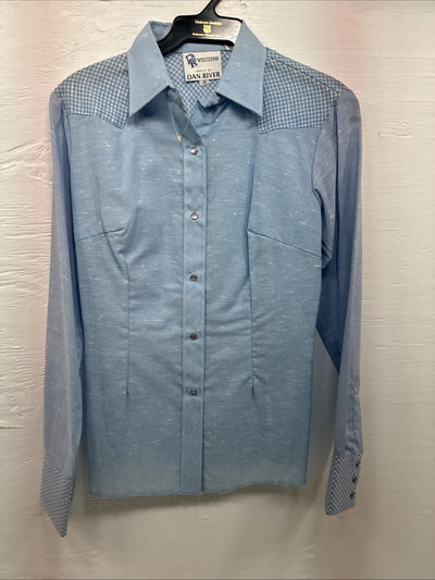 New Men’s DR Westerns Baby Blue Designed Long Sleeve Pearl Snap 10 Small J-50