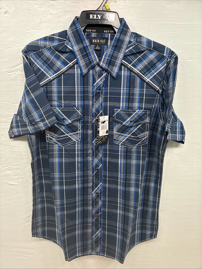 New Men’s ELY 1878 Plus Gray Plaid Short Sleeve Pearl Snap Large X-59