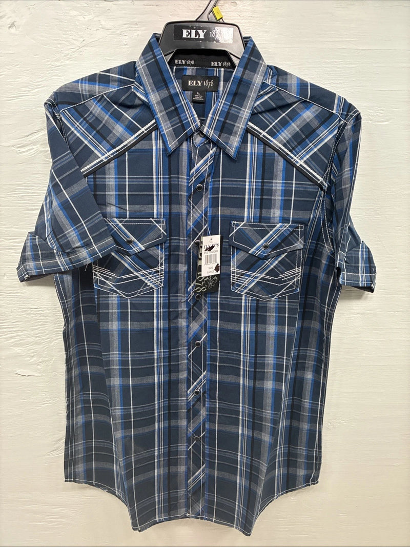 New Men’s ELY 1878 Plus Gray Plaid Short Sleeve Pearl Snap Large X-59