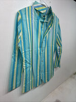 New Women’s Karman Blue Green Stripe Long Sleeve Pearl Snap Medium TT-59