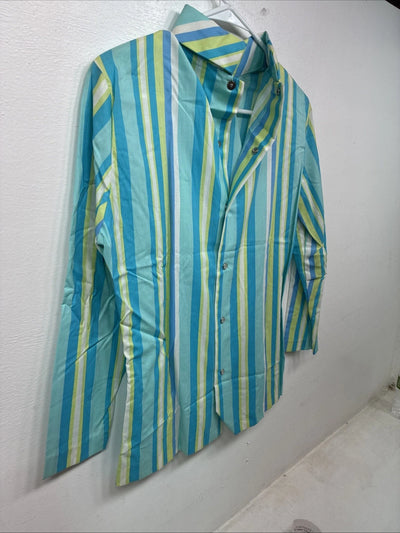 New Women’s Karman Blue Green Stripe Long Sleeve Pearl Snap Medium TT-59
