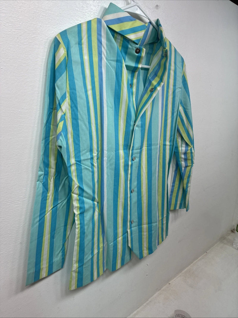 New Women’s Karman Blue Green Stripe Long Sleeve Pearl Snap Medium TT-59