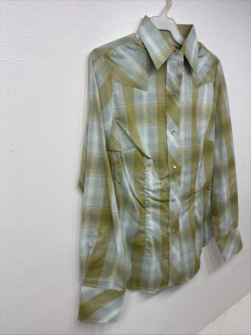 New Women’s Champion Western Green Plaid Long Sleeve Pearl Snap Size 10 KK-89