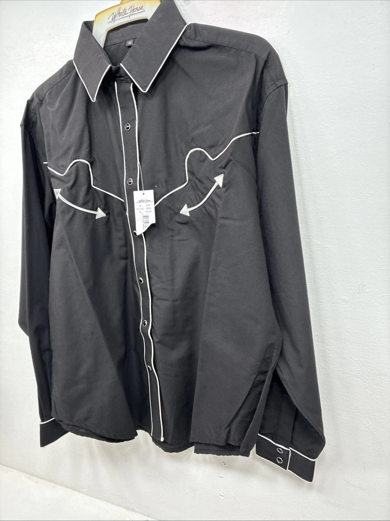 New Women’s White Horse Black Design Long Sleeve Pearl Snap Medium LL-87