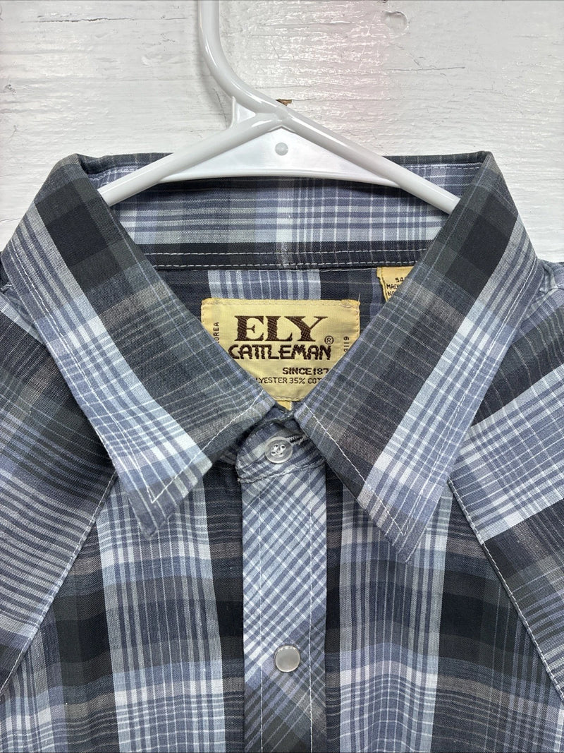 New Men’s ELY Cattleman Gray Blue Plaid Long Sleeve Pearl Snap Large Q-54