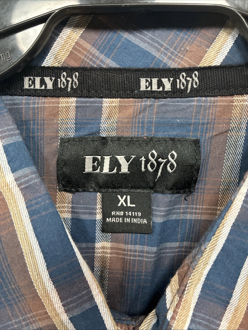 New Men’s ELY 1878 Blue Brown Plaid Long Sleeve Pearl Snap XL T-35
