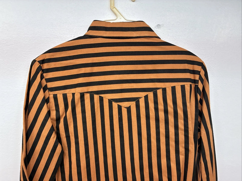 New Women’s H Bar C Orange Black Stripe Long Sleeve Pearl Snap Size 34 LL-103