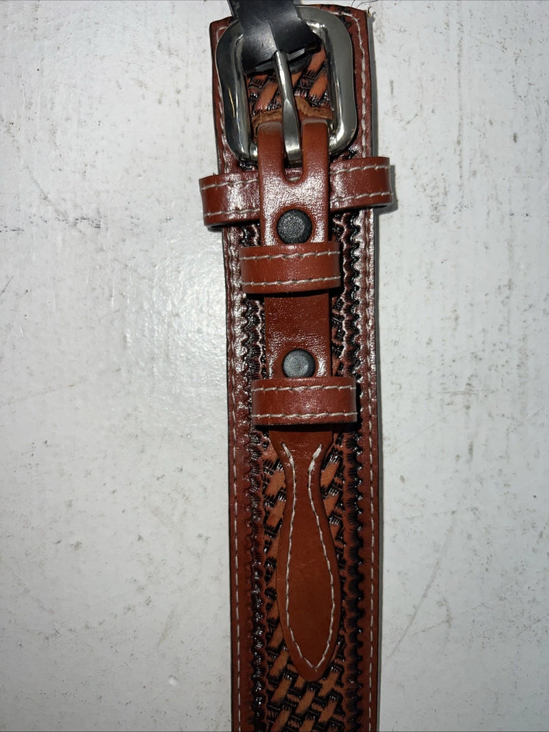New Brown Genuine Leather Double S Tooled Belt #0701048 40 W-12