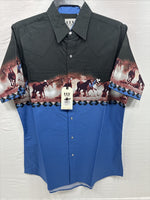 New Men’s ELY Cattleman Blue Black Horse Design Short Sleeve Pearl Snap Med J-96