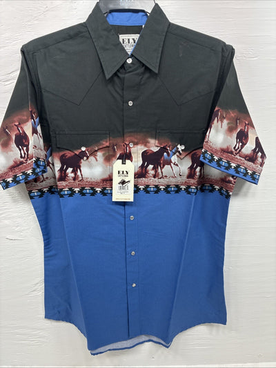 New Men’s ELY Cattleman Blue Black Horse Design Short Sleeve Pearl Snap Med J-96