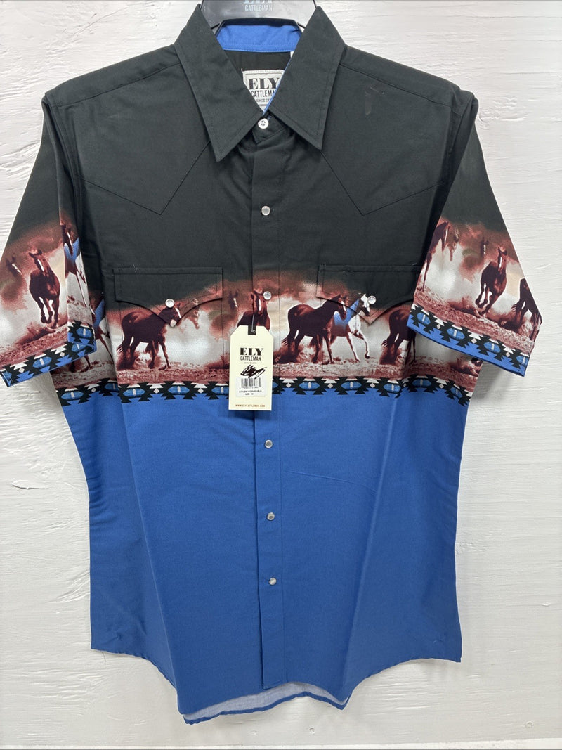 New Men’s ELY Cattleman Blue Black Horse Design Short Sleeve Pearl Snap Med J-96