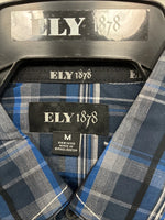 New Men’s ELY 1878 Blue Black Plaid Short Sleeve Pearl Snap Medium J-91