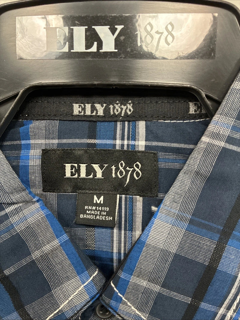 New Men’s ELY 1878 Blue Black Plaid Short Sleeve Pearl Snap Medium J-91