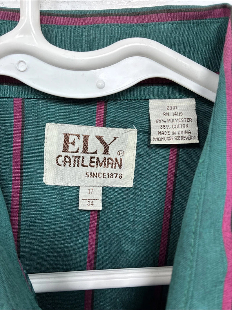 New Men’s ELY Cattleman Green Pink Strip Long Sleeve Pearl Snap 16 X 34 XL H-83