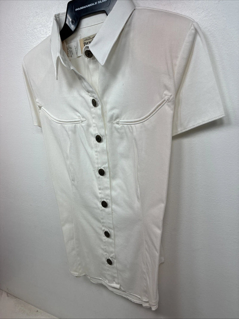 New Women’s Demum Jeans White Short Sleeve Button Up Shirt Medium YY-87
