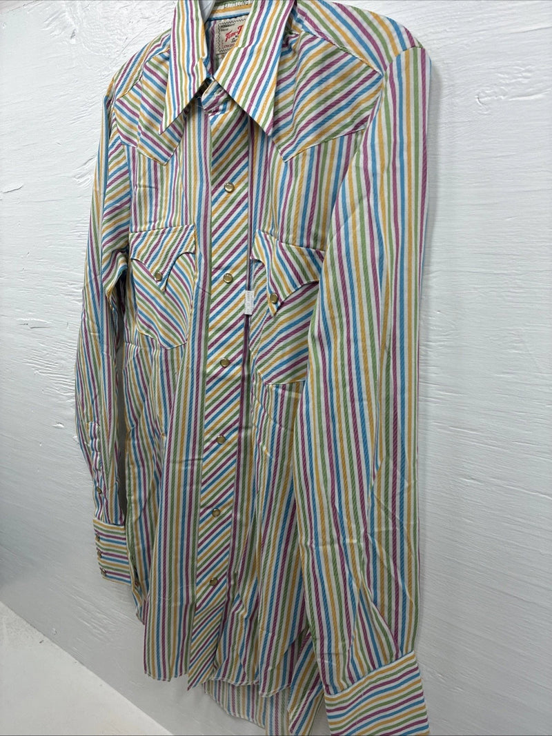 New Men’s Tem Tex Multicolor Stripe Long Sleeve Pearl Snap 14 X 33 Small M-84
