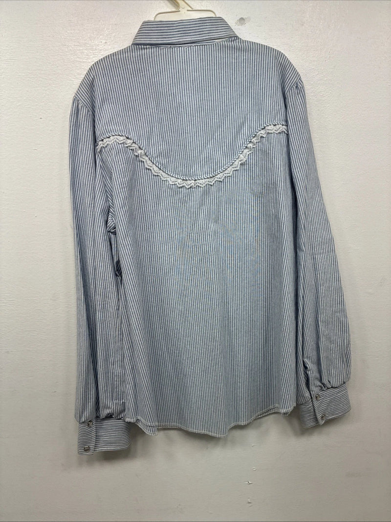 New Women’s Kid Kountry Blue Stripe Design Long Sleeve Pearl Snap Size 14 YY-10