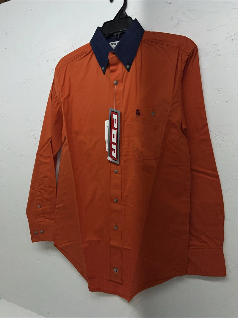 New Men’s Wrangler Orange Denim Collar Long Sleeve Button Up Small A-195