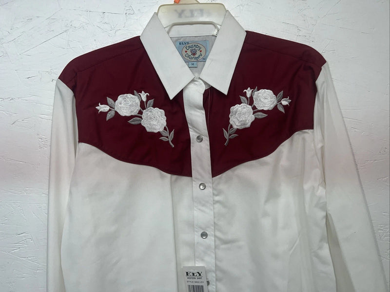 New Women’s ELY Cattleman White Red Flower Long Sleeve Button Up M #3802 3C-42