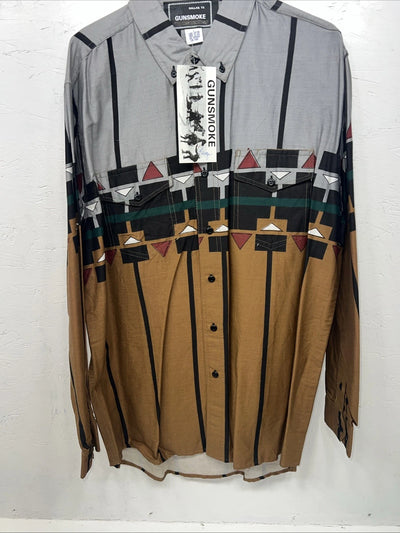 New Men’s Gray Brown Gunsmoke Button Up Long Sleeve Shirt Large P-39