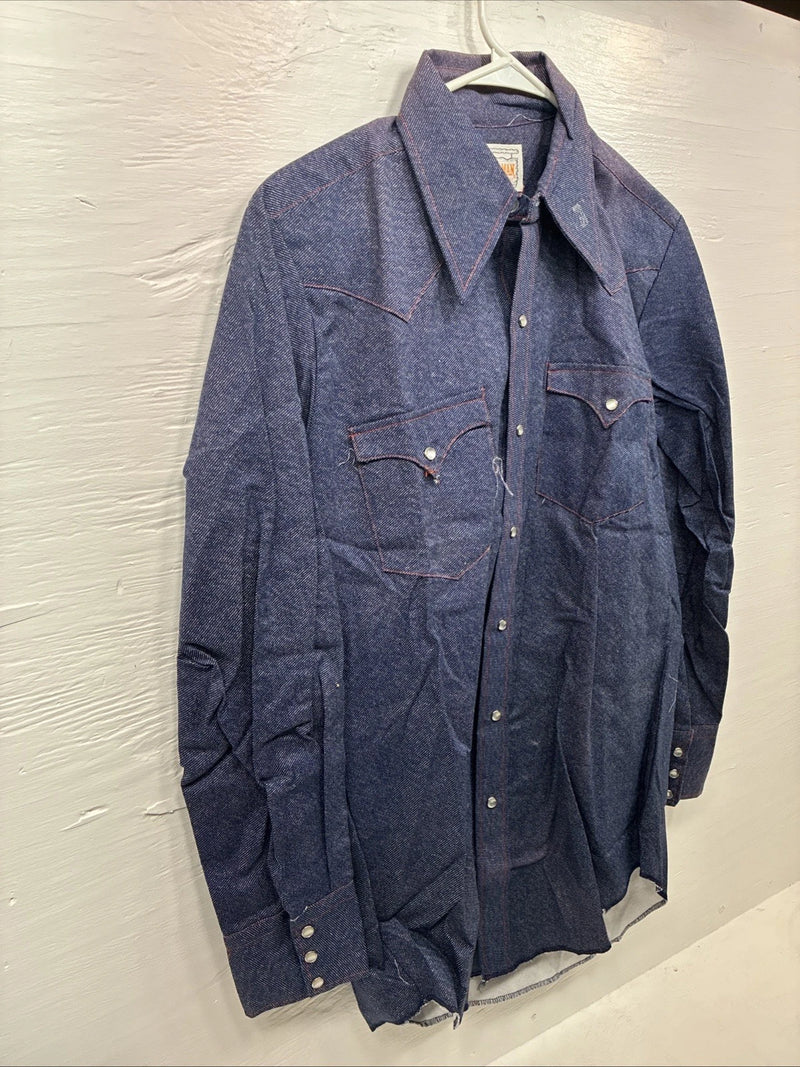 New Men’s Karman Blue Jena Long Sleeve Pearl Snap 15 Medium AA-75