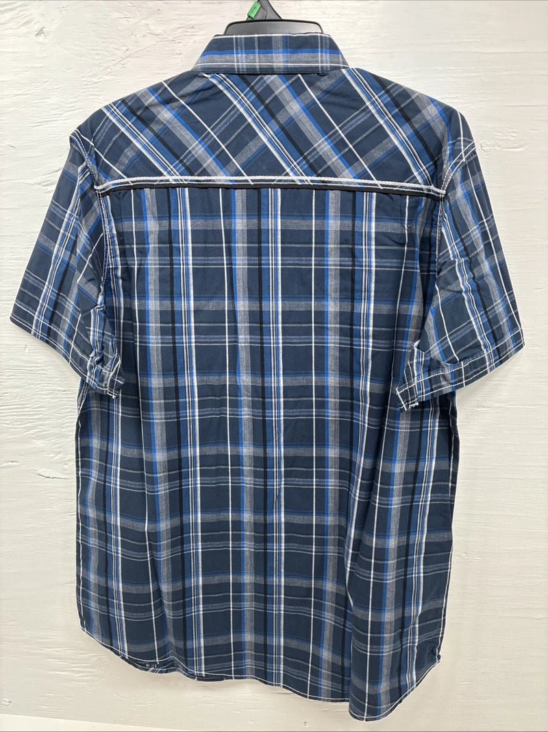 New Men’s ELY 1878 Blue Gray Plaid Short Sleeve Pearl Snap XL O-71