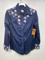 New Women’s Lady DJ Blue Deisgned Long Sleeve Pearl Snap Size 34 TT-142