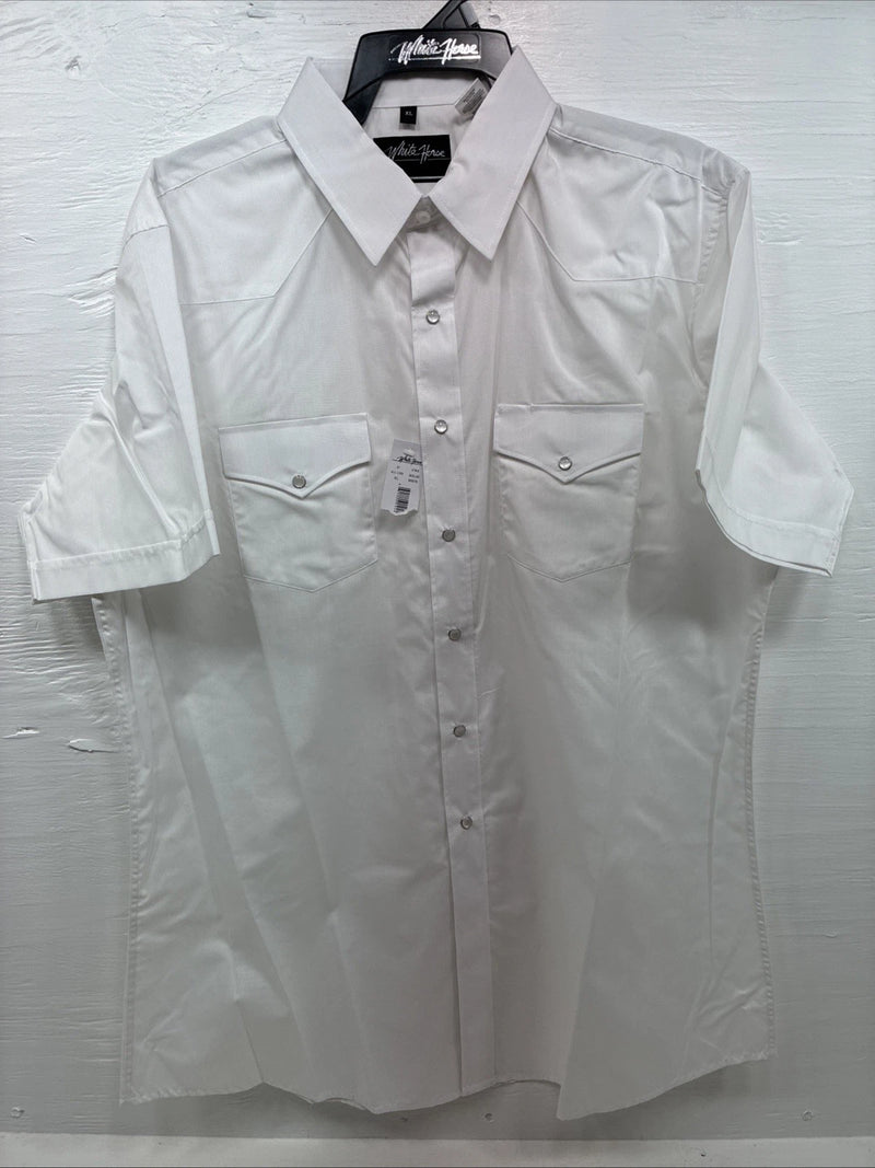New Men’s White Horse Simple White Western Short Sleeve Pearl Snap XL T-12