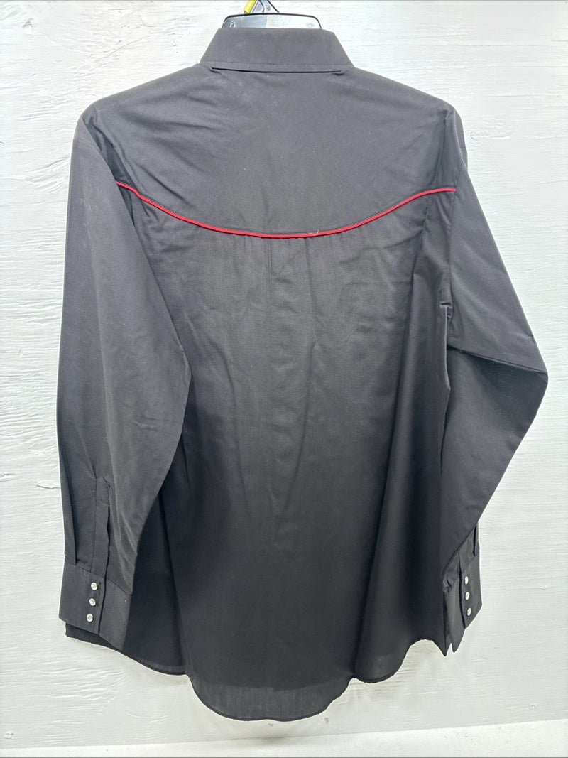 New Men’s ELY Cattleman Black Flag Design Long Sleeve Pearl Snap Large T-58