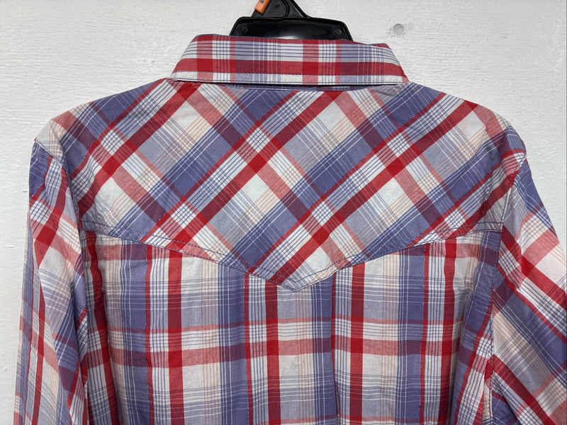 New Women’s Cumberland Pink Purple Plaid Long Sleeve Pearl Snap Medium LL-47