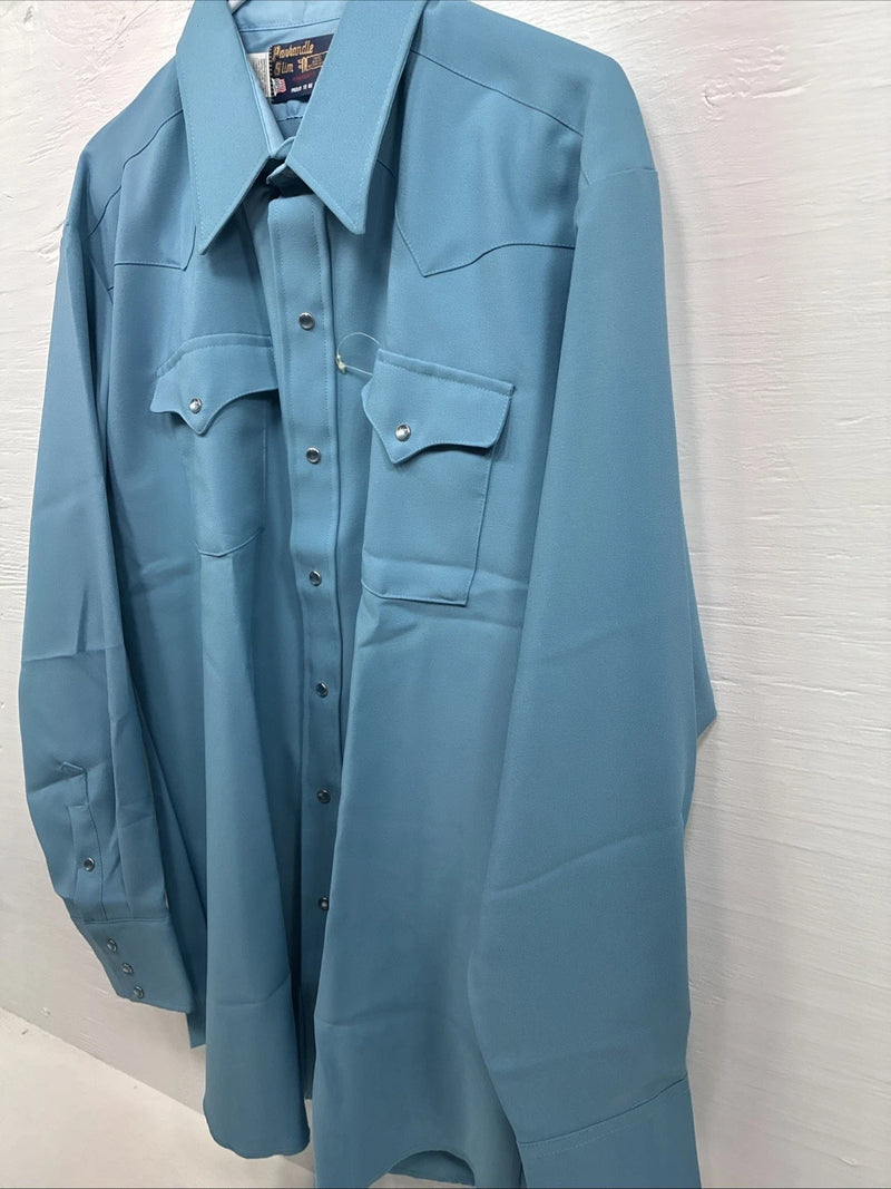 New Men’s Panhandle Slim Blue Simple Long Sleeve Pearl Snap 17 Large M-68