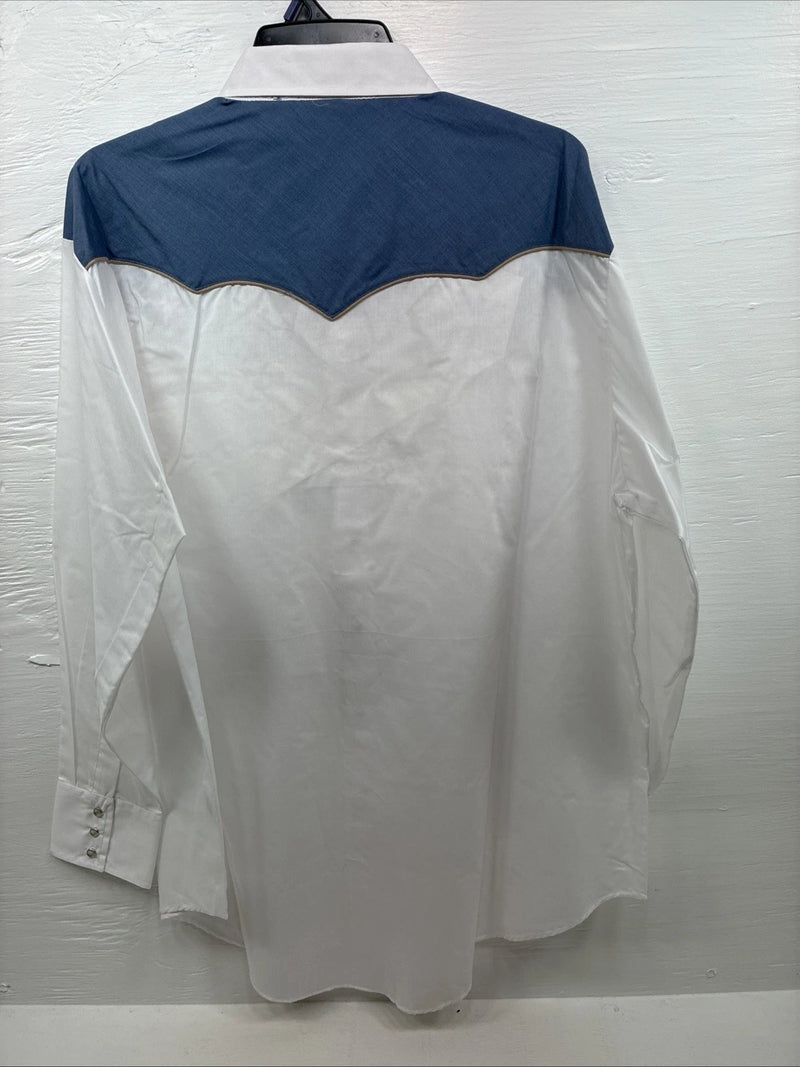 New Men’s ELY Cattleman White Blue Embroidered Long Sleeve Pearl Snap 2XL H-29
