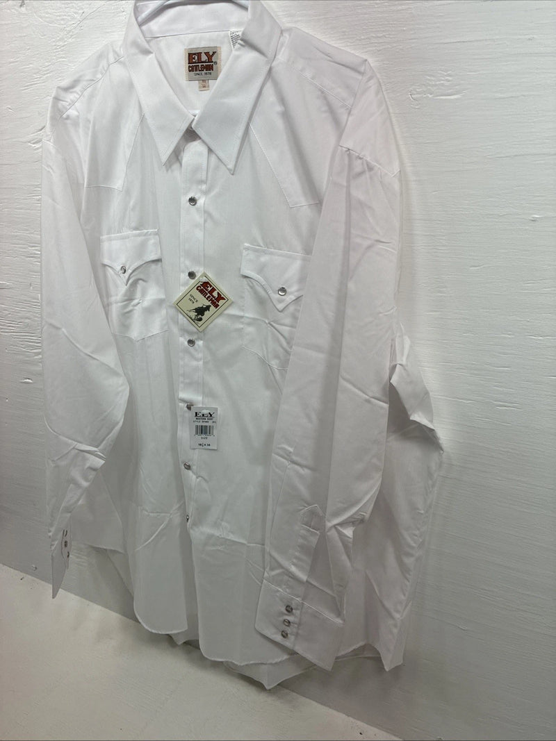 New Men’s ELY Cattleman White Long Sleeve Pearl Snap 18.5 X 36 2XL X-75