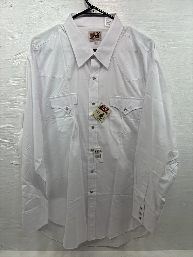 New Men’s ELY Cattleman White Western Long Sleeve Pearl Snap 18 X 35 2XL T-49