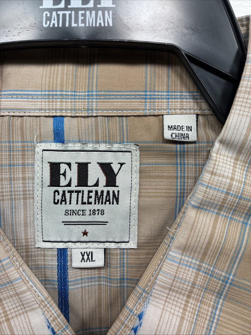 New Men’s ELY Cattleman Beige Flannel Design Long Sleeve Pearl Snap 2XL F-91