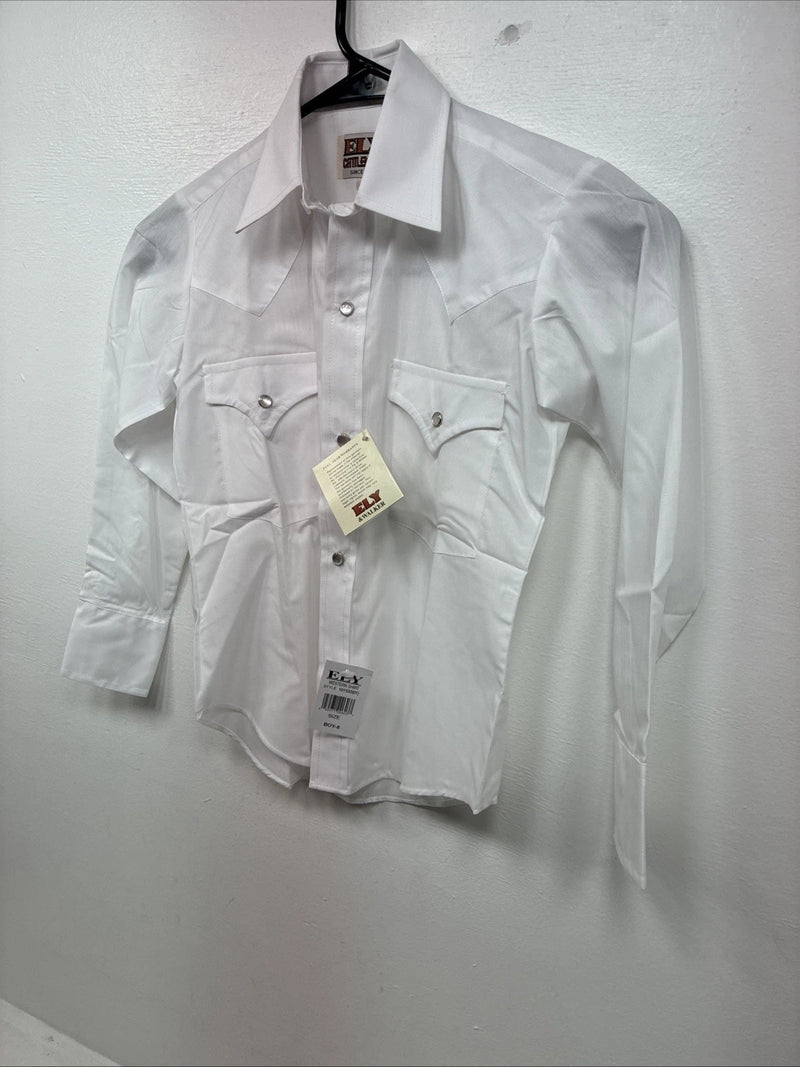 New Boys ELY Cattleman White Long Sleeve Pearl Snap Size 8 MM-15