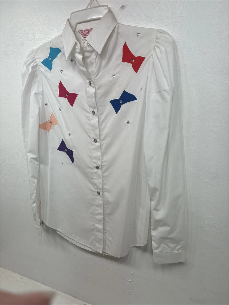 New Women’s H Bar C White Deigned Long Sleeve Pearl Snap Size 30 MM-62