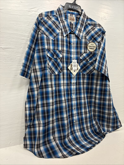 New Men’s ELY Cattleman Blue Western Flannel Short Sleeve Pearl Snap 4XL E-73
