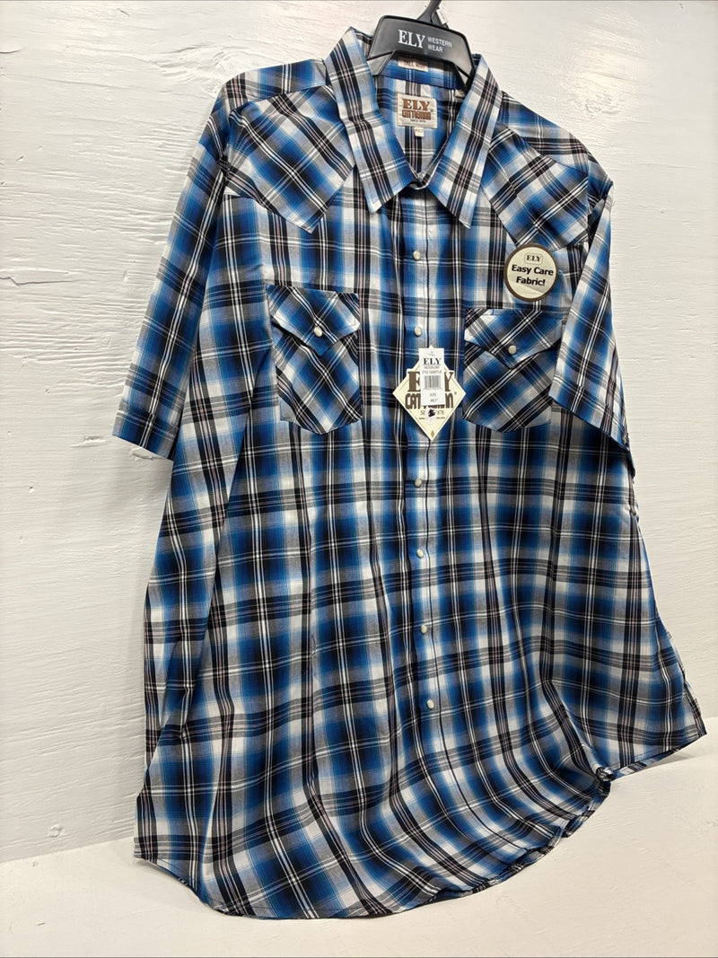 New Men’s ELY Cattleman Blue Western Flannel Short Sleeve Pearl Snap 4XL E-73
