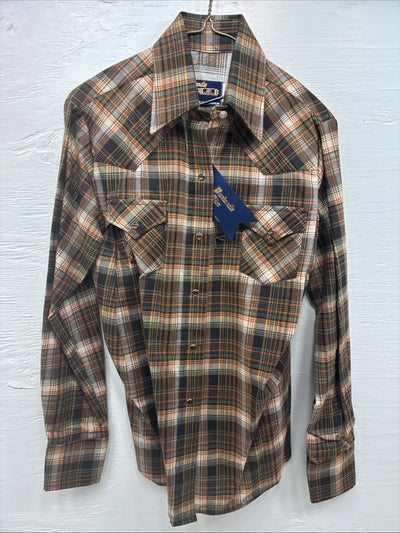 New Men’s Panhandle Slim Orange Plaid Long Sleeve Pearl Snap XS J-63