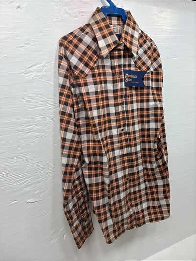 New Men’s Panhandle Slim Orange Brown Plaid Long Sleeve Pearl Snap Small J-65
