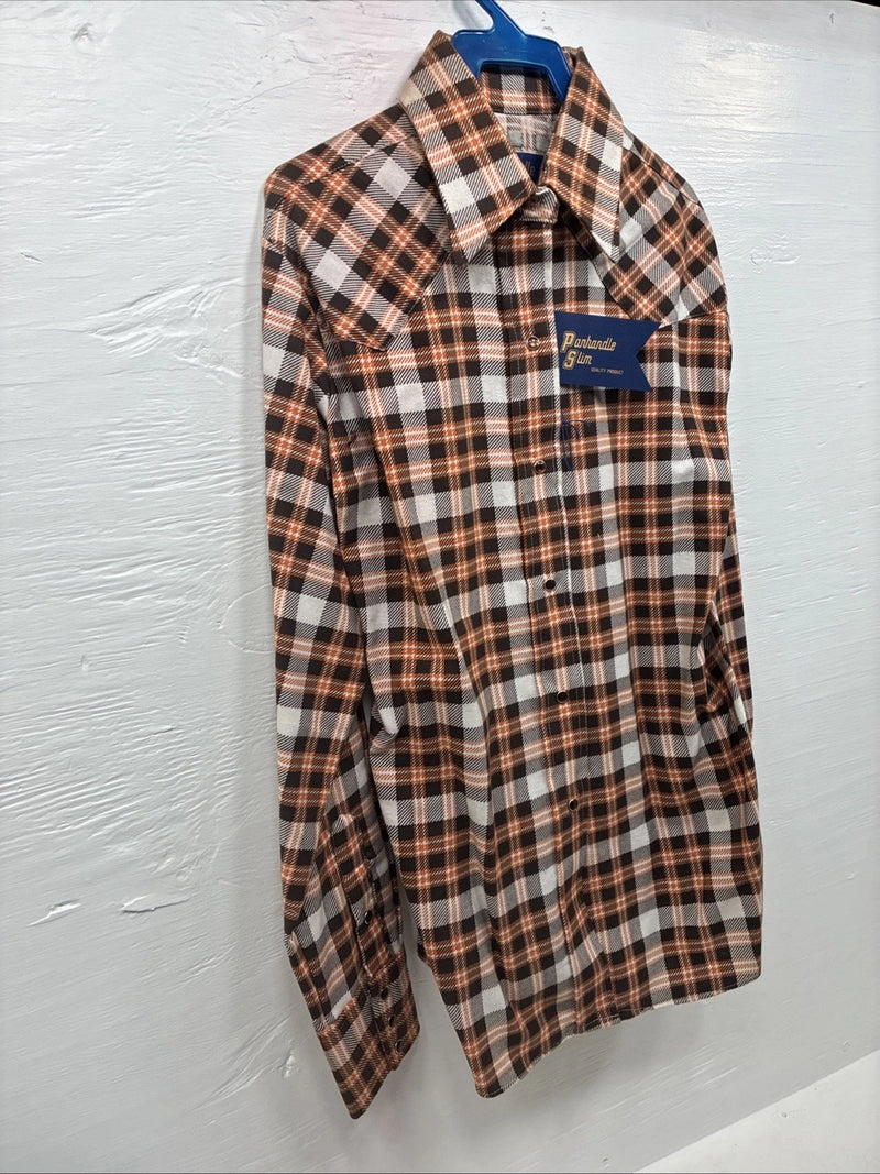 New Men’s Panhandle Slim Orange Brown Plaid Long Sleeve Pearl Snap Small J-65