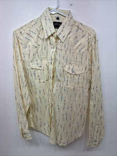 New Women’s White Horse Yellow Floral Long Sleeve Pearl Snap Medoum II-96