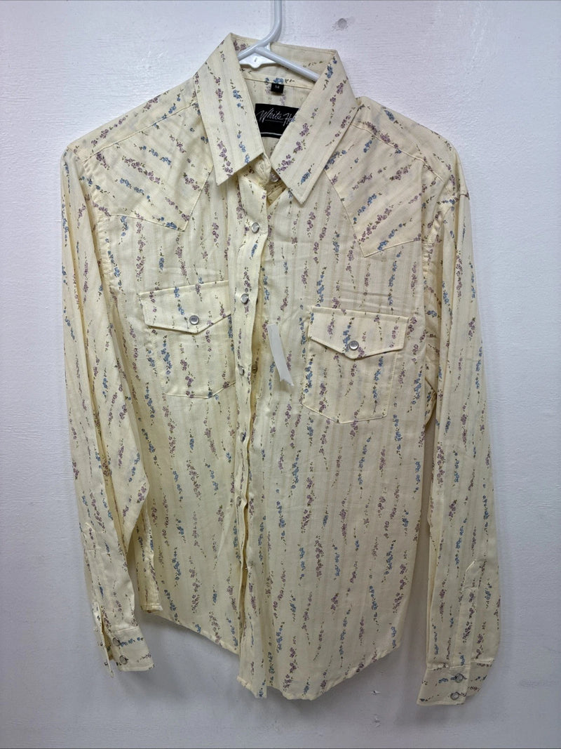 New Women’s White Horse Yellow Floral Long Sleeve Pearl Snap Medoum II-96