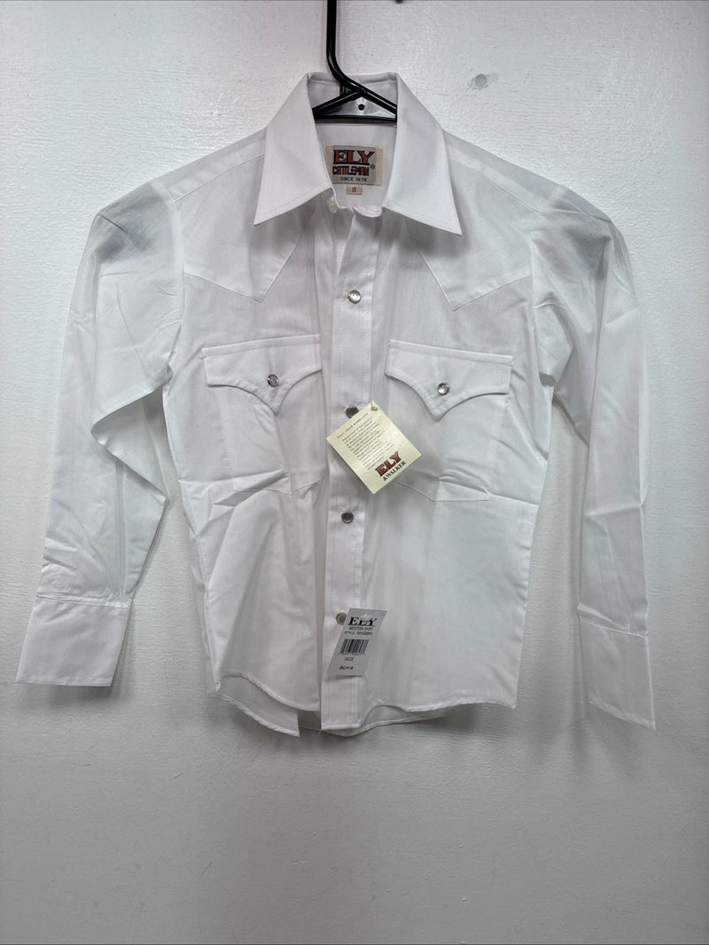 New Boys ELY Cattleman White Long Sleeve Pearl Snap Size 8 MM-15